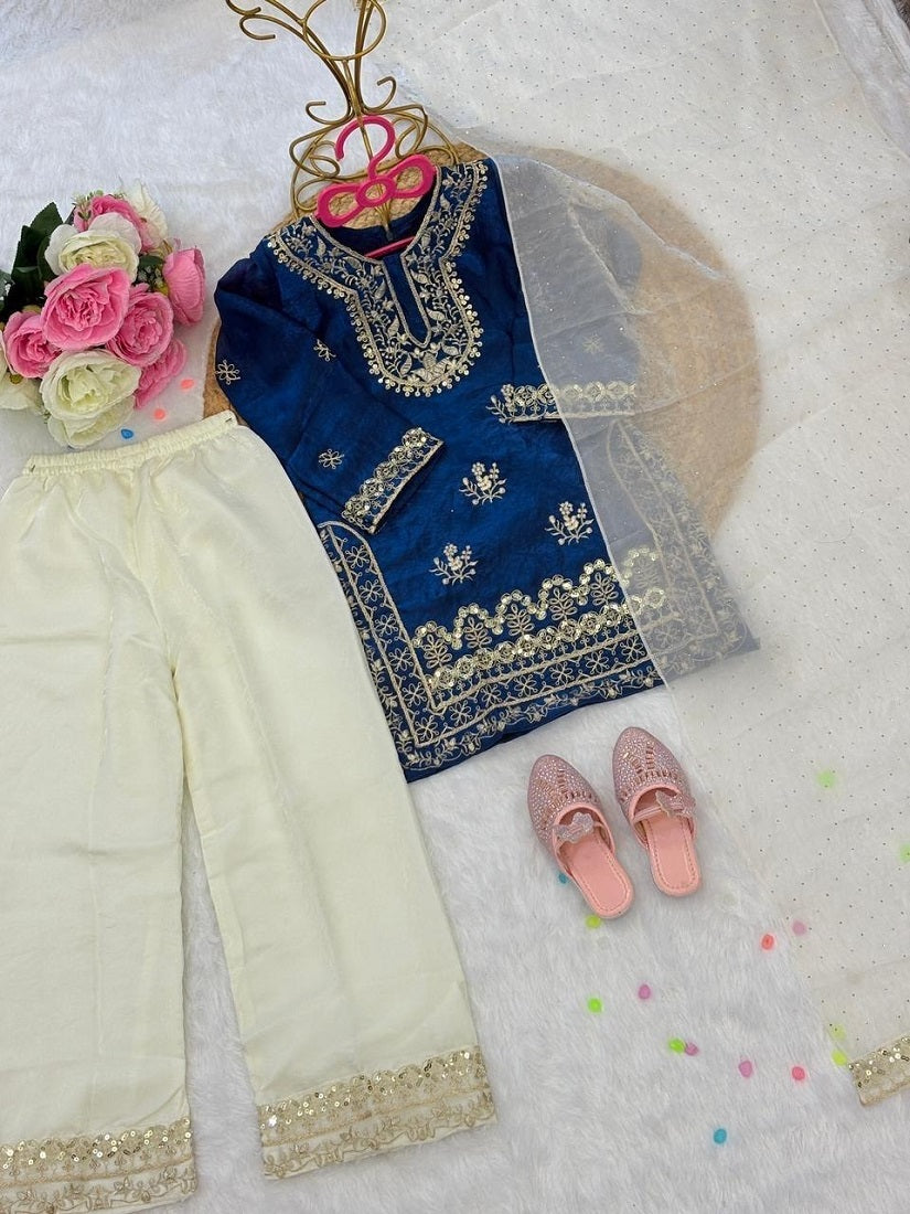 Evanik Traditional Royal Blue & Gold Embroidered Girls' Festive Suit