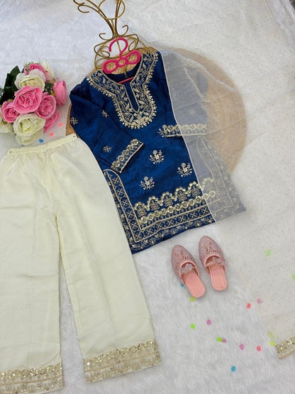 Evanik Traditional Royal Blue & Gold Embroidered Girls' Festive Suit
