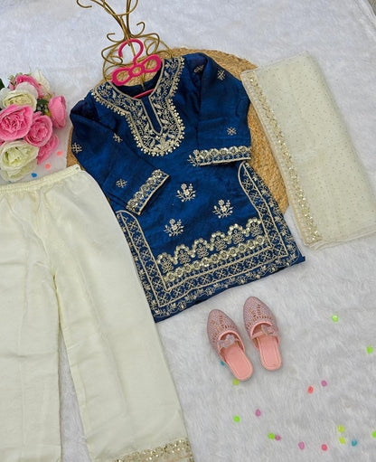 Evanik Traditional Royal Blue & Gold Embroidered Girls' Festive Suit