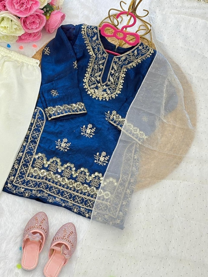 Evanik Traditional Royal Blue & Gold Embroidered Girls' Festive Suit