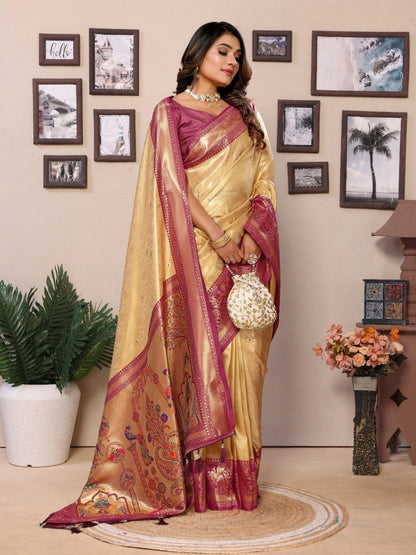 Anaita Golden Tissue Silk With Weaving Saree With Blouse