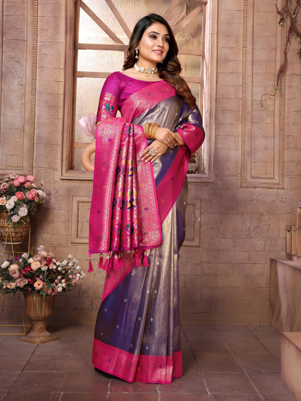 Anaita Lavender Tissue Silk With Weaving Saree With Blouse