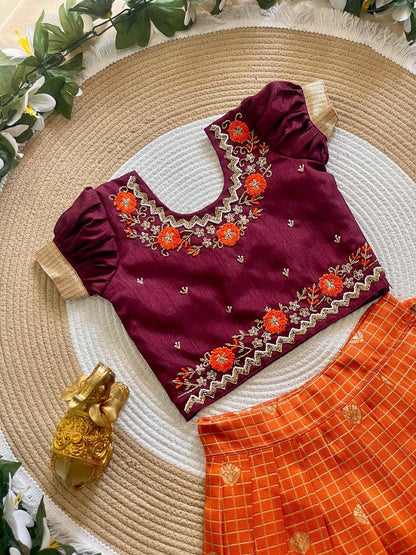 Evanik Maroon Vichitra Silk Zari With Heavy Maggam Work Kids Half Saree