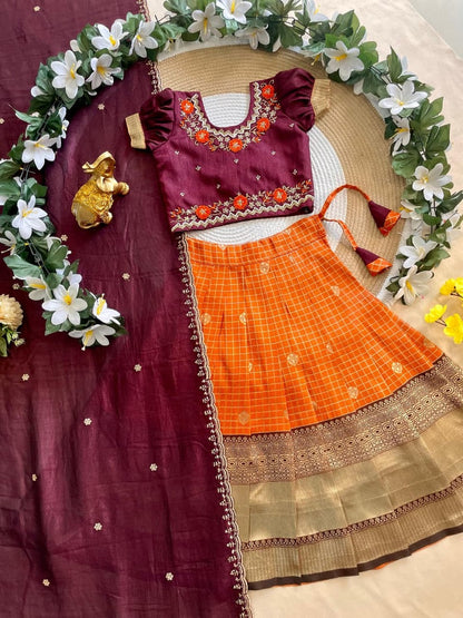 Evanik Maroon Vichitra Silk Zari With Heavy Maggam Work Kids Half Saree