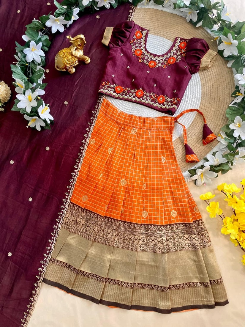 Evanik Maroon Vichitra Silk Zari With Heavy Maggam Work Kids Half Saree