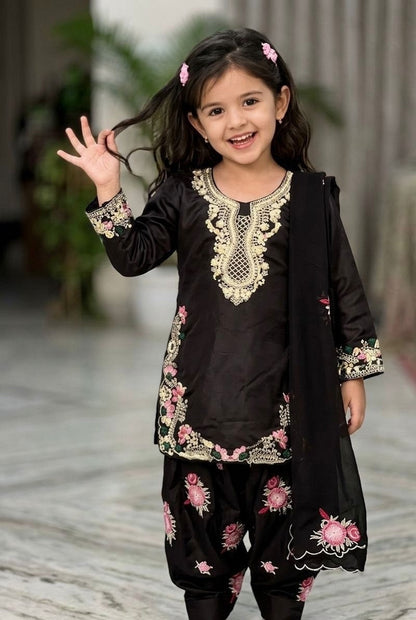 Evanik Black Designer Party Wear Heavy Natural Crep Kids Patiala Set