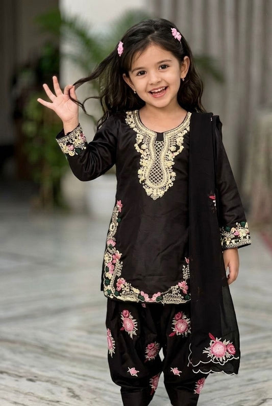 Evanik Black Designer Party Wear Heavy Natural Crep Kids Patiala Set