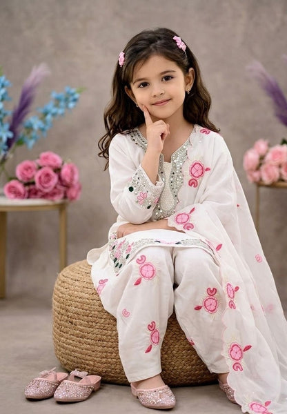 Evanik White Designer Party Wear Heavy Natural Crep Kids Patiala Set