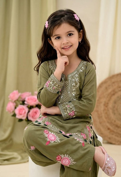 Evanik Green Designer Party Wear Heavy Natural Crep Kids Patiala Set