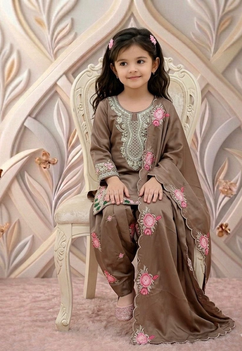 Evanik Brown Designer Party Wear Heavy Natural Crep Kids Patiala Set