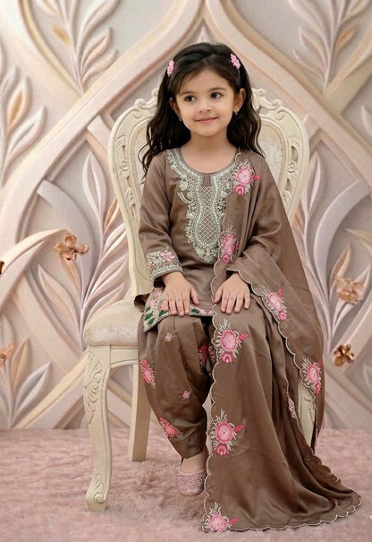 Evanik Brown Designer Party Wear Heavy Natural Crep Kids Patiala Set
