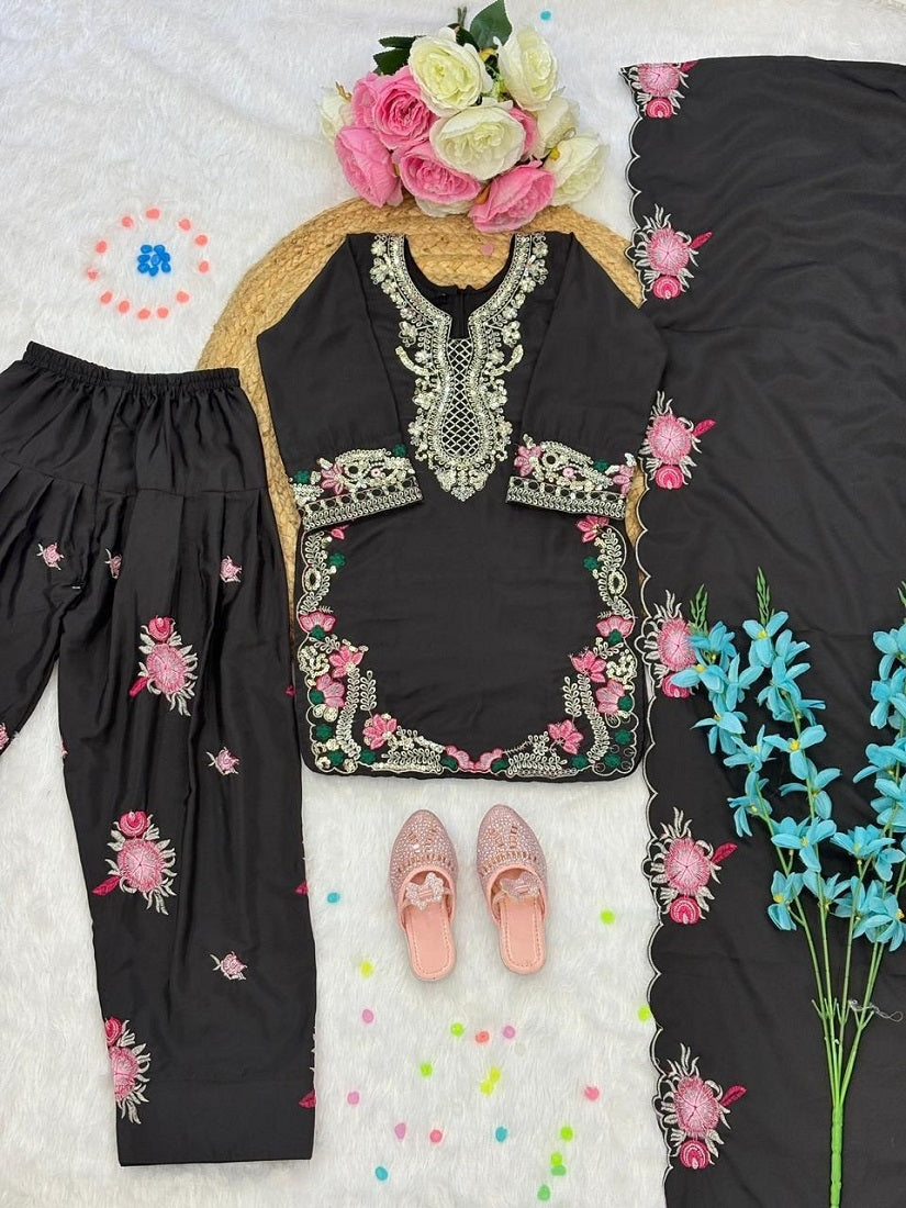 Evanik Black Designer Party Wear Heavy Natural Crep Kids Patiala Set