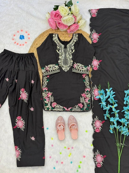 Evanik Black Designer Party Wear Heavy Natural Crep Kids Patiala Set