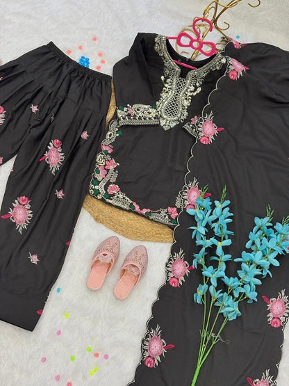 Evanik Black Designer Party Wear Heavy Natural Crep Kids Patiala Set