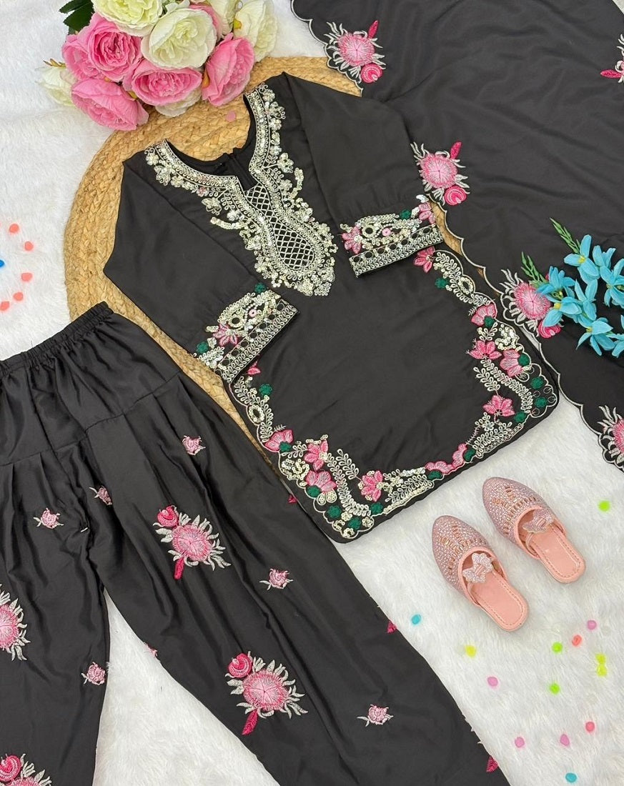 Evanik Black Designer Party Wear Heavy Natural Crep Kids Patiala Set