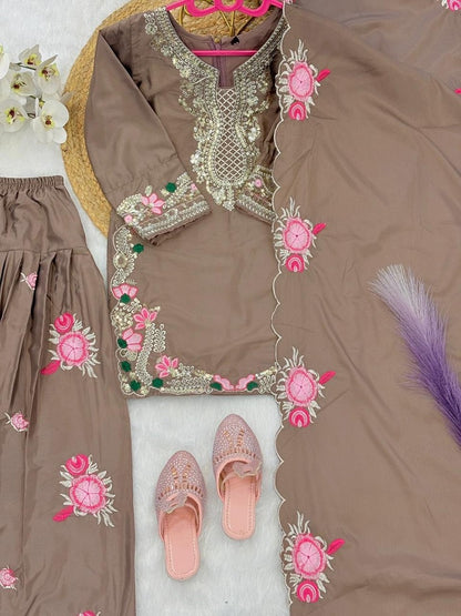 Evanik Brown Designer Party Wear Heavy Natural Crep Kids Patiala Set