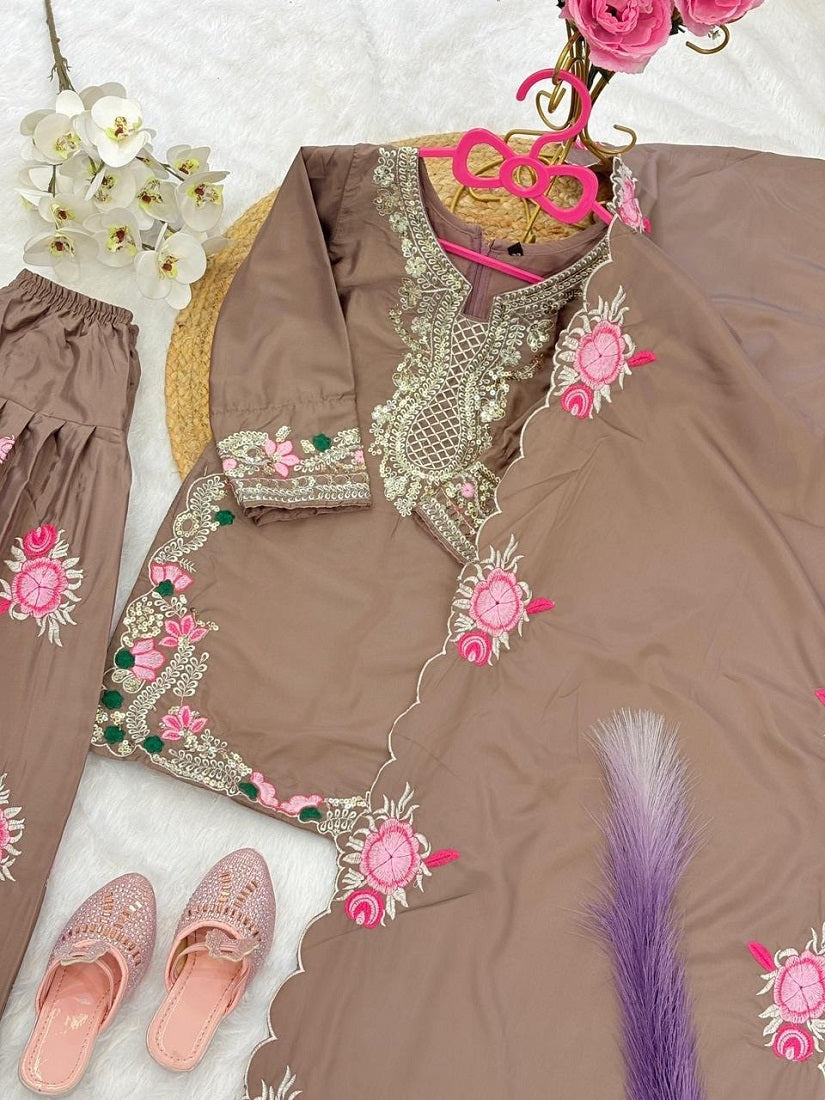 Evanik Brown Designer Party Wear Heavy Natural Crep Kids Patiala Set