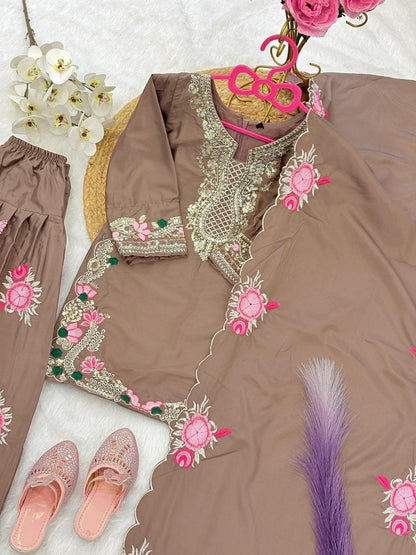 Evanik Brown Designer Party Wear Heavy Natural Crep Kids Patiala Set