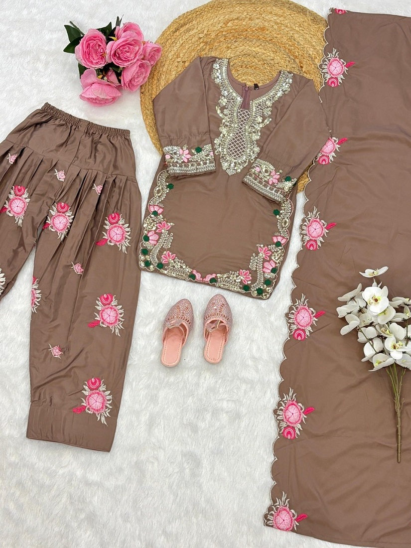 Evanik Brown Designer Party Wear Heavy Natural Crep Kids Patiala Set