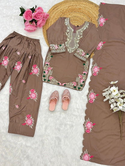 Evanik Brown Designer Party Wear Heavy Natural Crep Kids Patiala Set