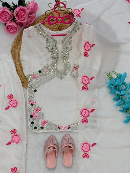 Evanik White Designer Party Wear Heavy Natural Crep Kids Patiala Set