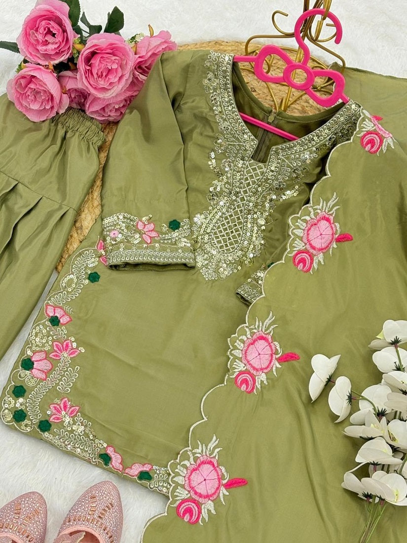 Evanik Green Designer Party Wear Heavy Natural Crep Kids Patiala Set