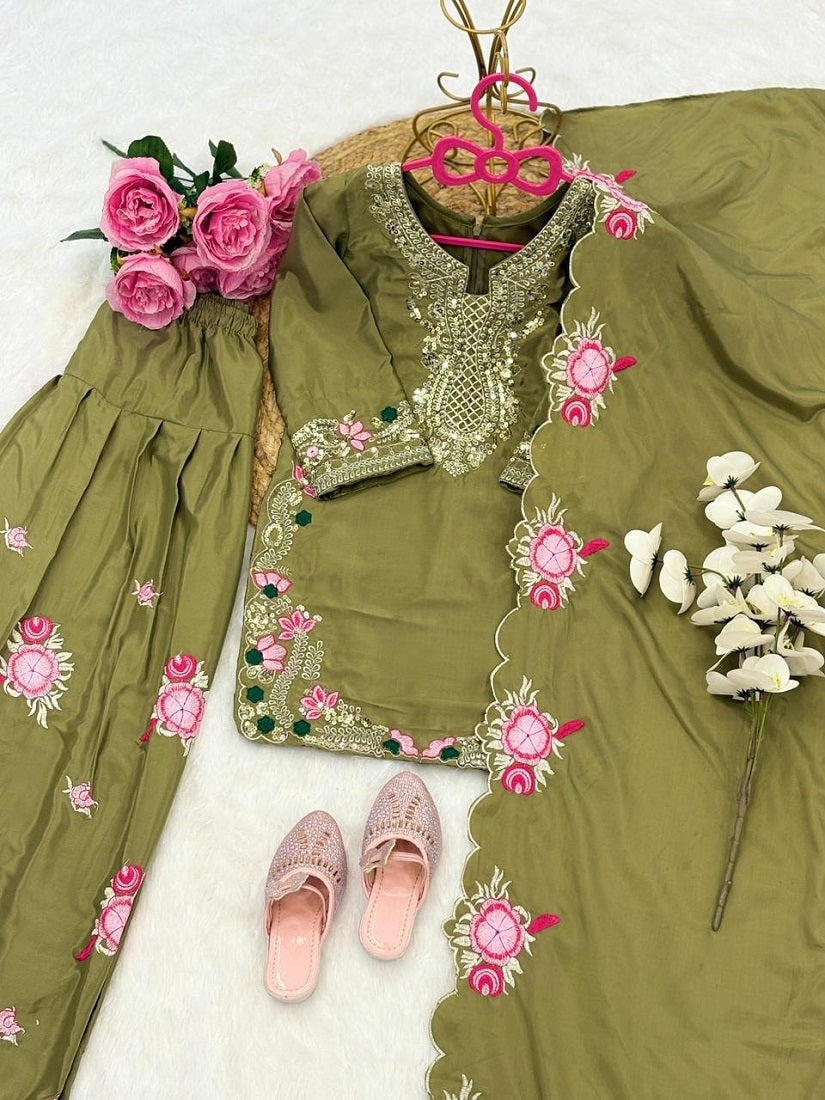 Evanik Green Designer Party Wear Heavy Natural Crep Kids Patiala Set