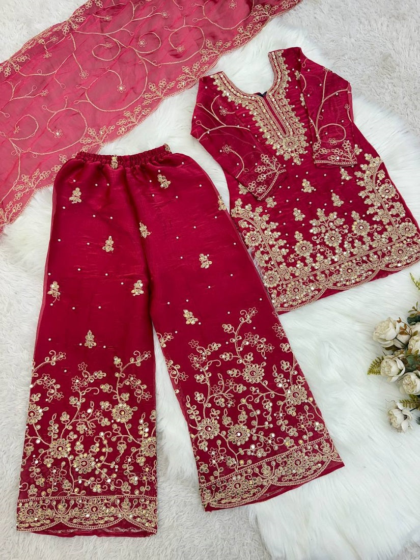 Evanik Pink Designer Wedding Embroidered Work Kids Palazzo Set