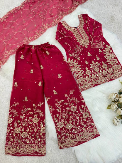 Evanik Pink Designer Wedding Embroidered Work Kids Palazzo Set