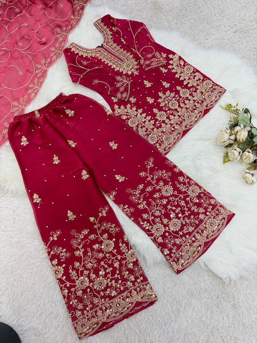 Evanik Pink Designer Wedding Embroidered Work Kids Palazzo Set