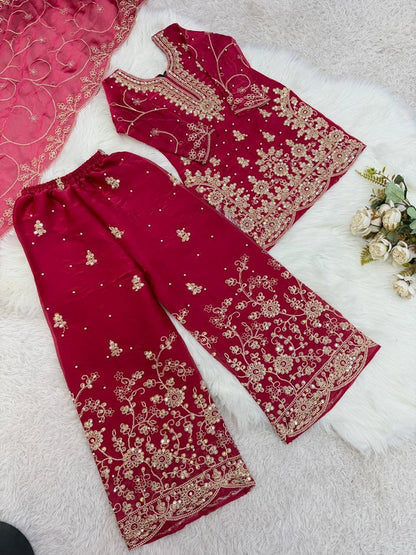 Evanik Pink Designer Wedding Embroidered Work Kids Palazzo Set