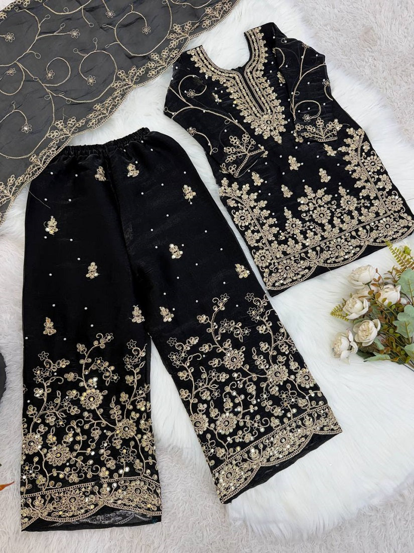 Evanik Black Designer Wedding Embroidered Work Kids Palazzo Set