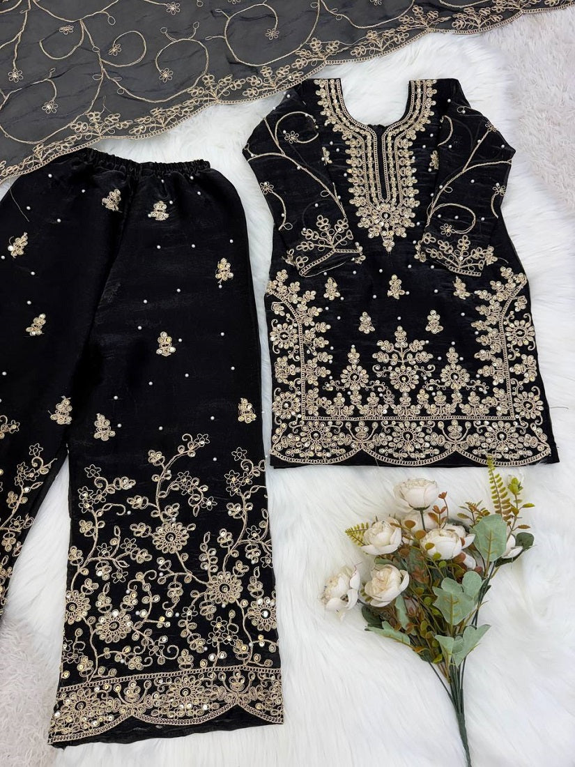 Evanik Black Designer Wedding Embroidered Work Kids Palazzo Set