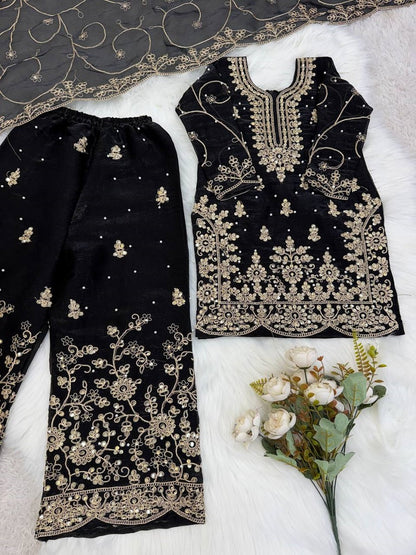 Evanik Black Designer Wedding Embroidered Work Kids Palazzo Set