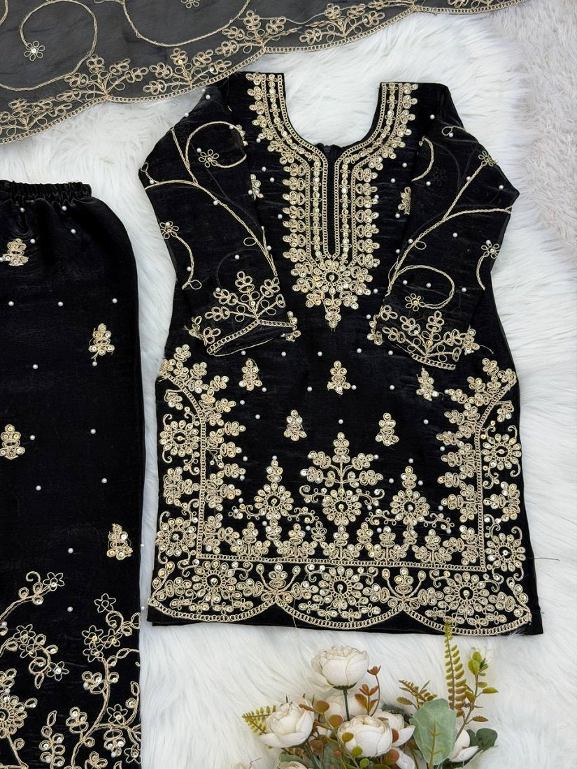 Evanik Black Designer Wedding Embroidered Work Kids Palazzo Set