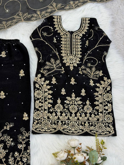 Evanik Black Designer Wedding Embroidered Work Kids Palazzo Set