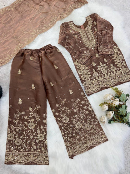 Evanik Brown Designer Wedding Embroidered Work Kids Palazzo Set