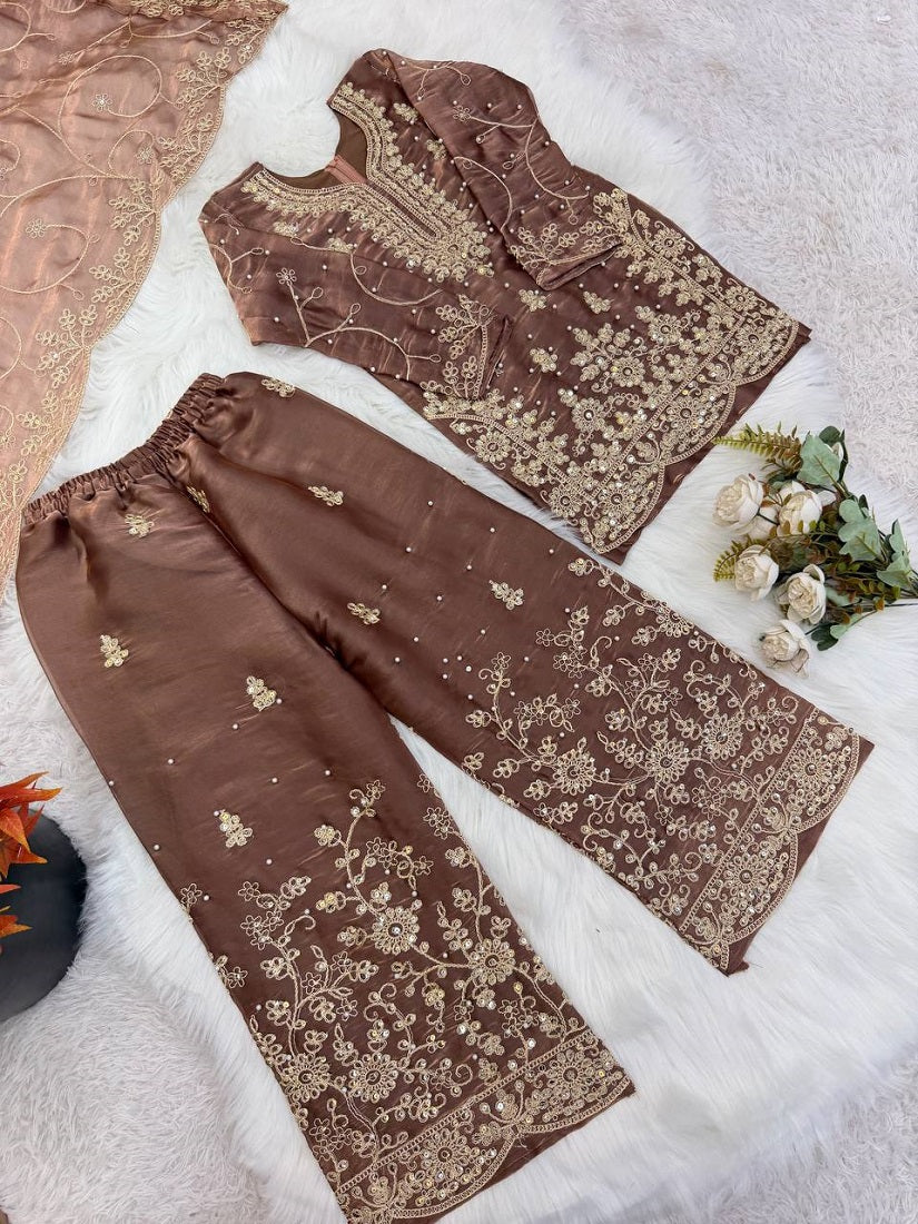 Evanik Brown Designer Wedding Embroidered Work Kids Palazzo Set