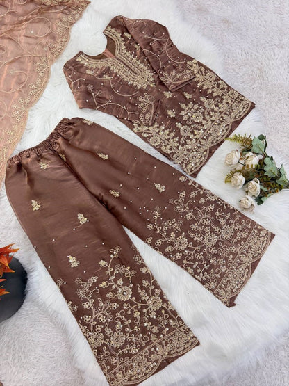 Evanik Brown Designer Wedding Embroidered Work Kids Palazzo Set
