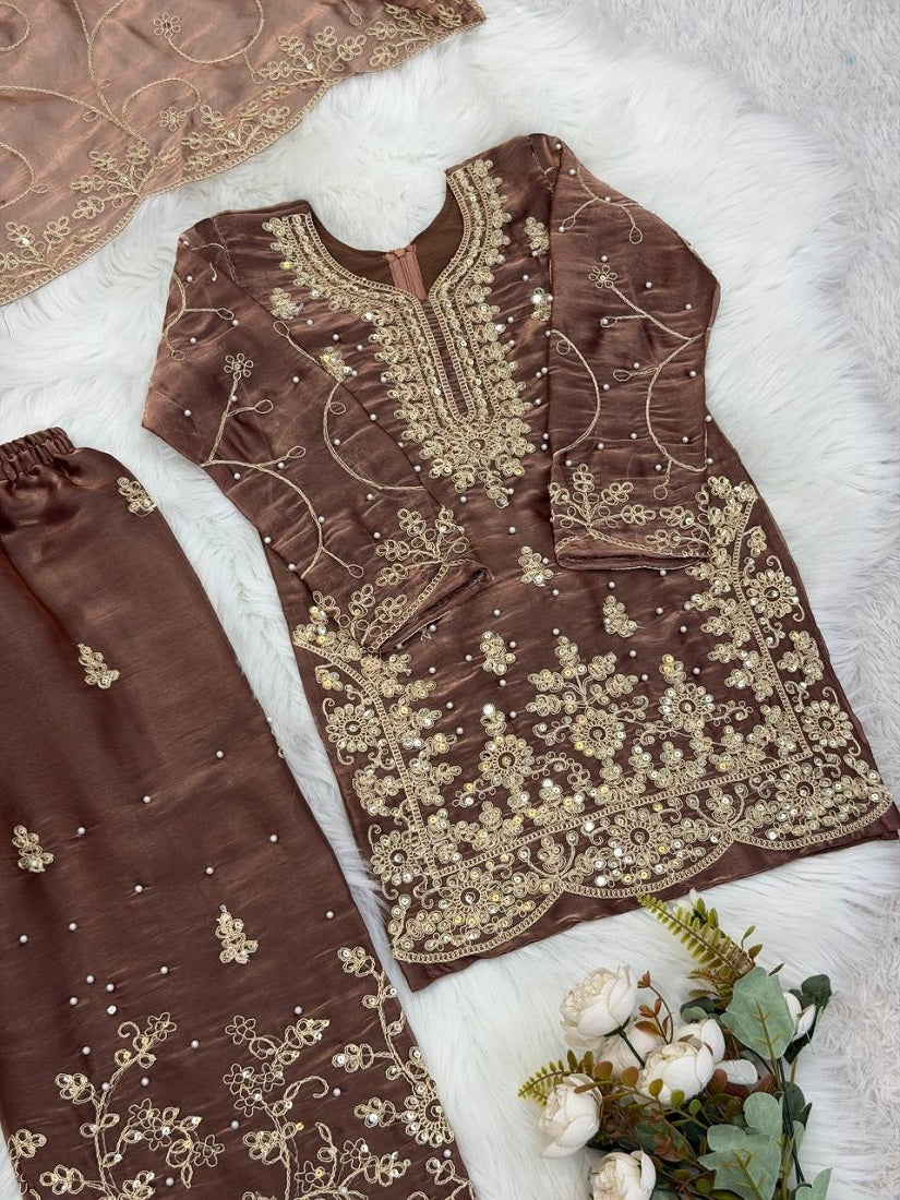 Evanik Brown Designer Wedding Embroidered Work Kids Palazzo Set