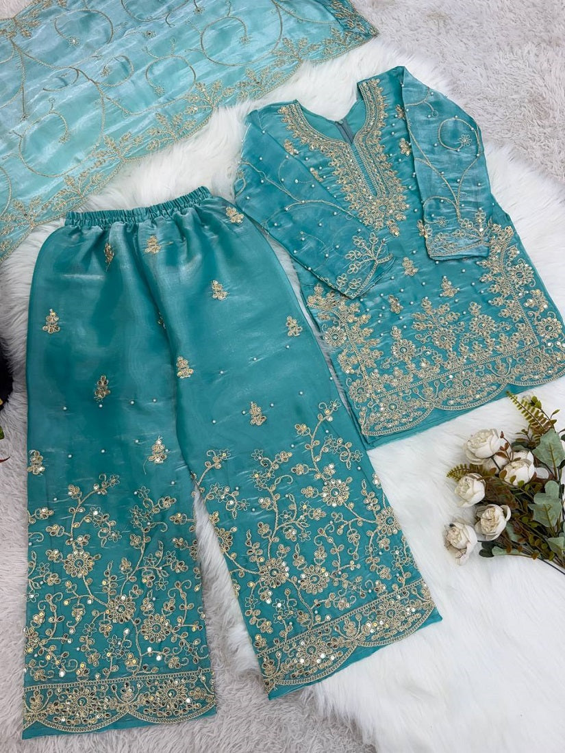 Evanik Turquoise Designer Wedding Embroidered Work Kids Palazzo Set