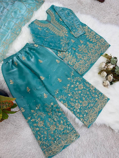 Evanik Turquoise Designer Wedding Embroidered Work Kids Palazzo Set