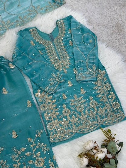 Evanik Turquoise Designer Wedding Embroidered Work Kids Palazzo Set