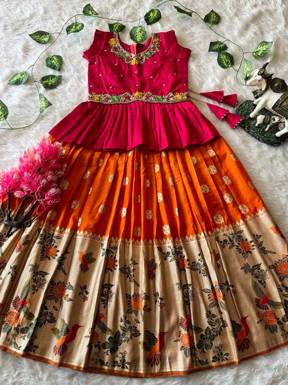Evanik Pink Soft Khadi Georgette With Beutifull Handwork Kids Lehenga Choli