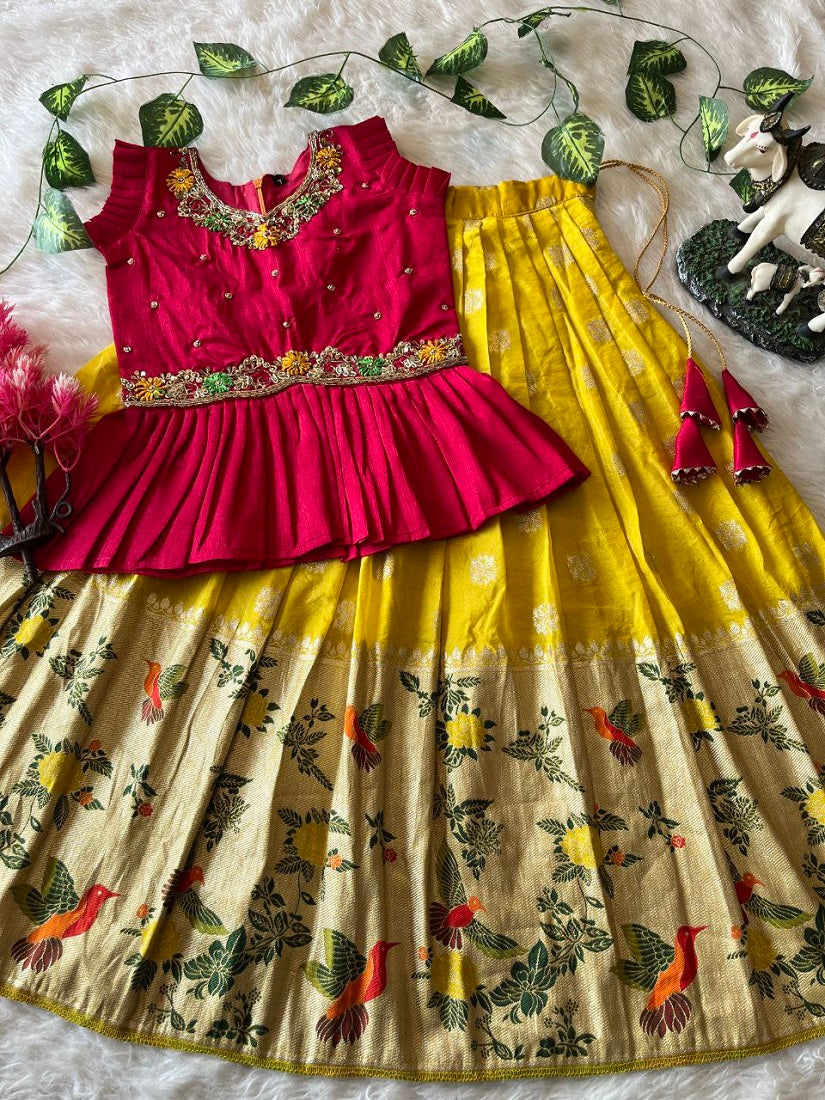 Evanik Red Soft Khadi Georgette With Beutifull Handwork Kids Lehenga Choli