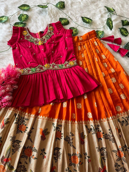Evanik Pink Soft Khadi Georgette With Beutifull Handwork Kids Lehenga Choli