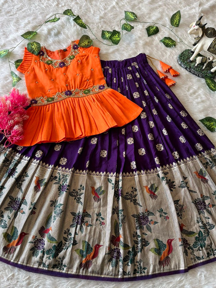 Evanik Orange Soft Khadi Georgette With Beutifull Handwork Kids Lehenga Choli