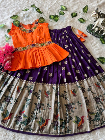 Evanik Orange Soft Khadi Georgette With Beutifull Handwork Kids Lehenga Choli