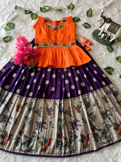 Evanik Orange Soft Khadi Georgette With Beutifull Handwork Kids Lehenga Choli