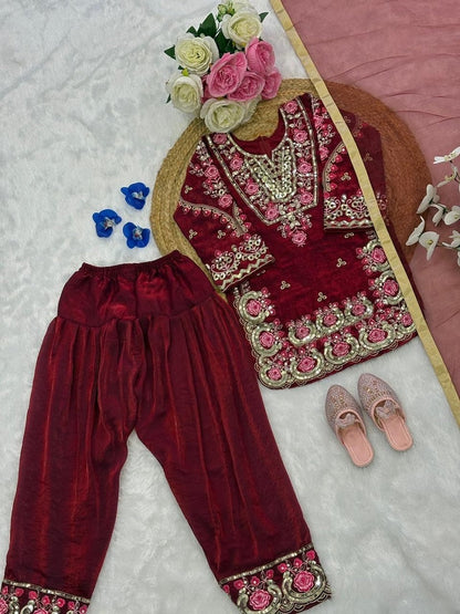 Evanik Maroon Girls Maroon Silk Embroidered Kurta Farshi Palazzo Set With Dupatta - Festive Wear
